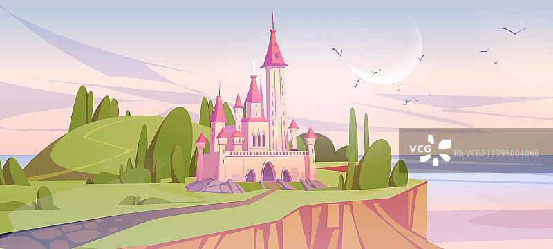 清晨，绿色海崖上的粉色魔法城堡图片素材