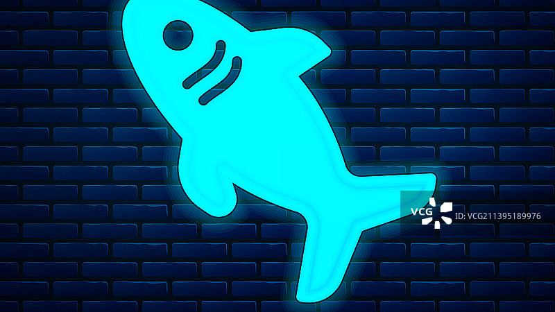 发光的霓虹鲨鱼图标孤立在砖墙上图片素材