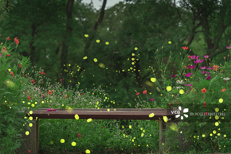 公园里的木凳与萤火虫图片素材