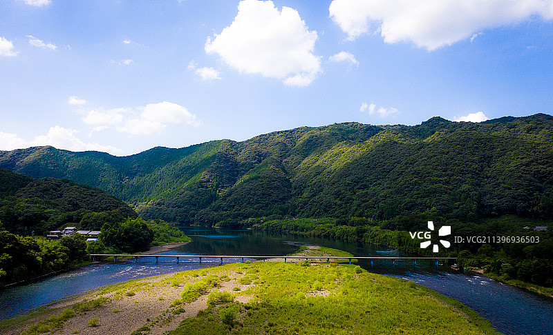 风景河在树木对天空，高知县，日本图片素材