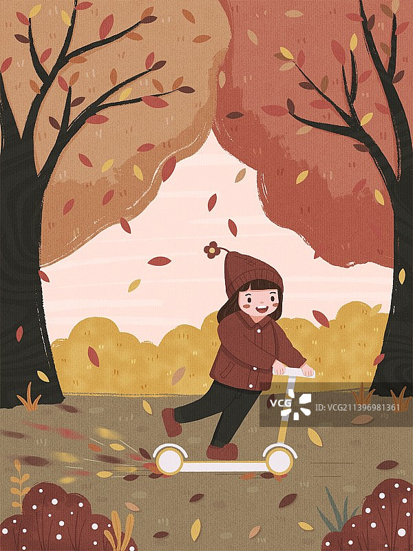 女孩一个人在户外玩滑板车插画图片素材