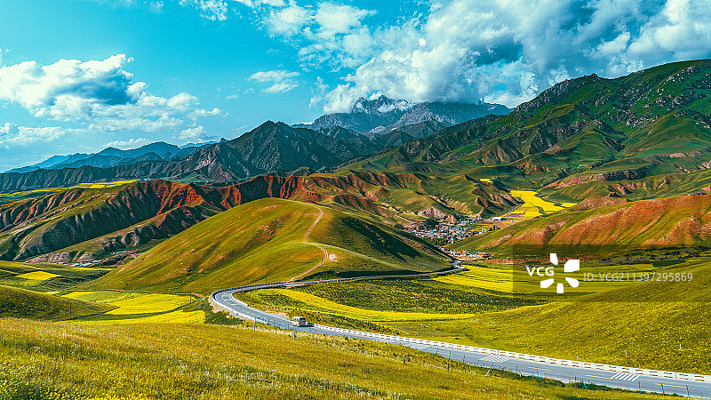 油菜花季的中国青海省海北藏族自治州祁连县卓尔山景区图片素材