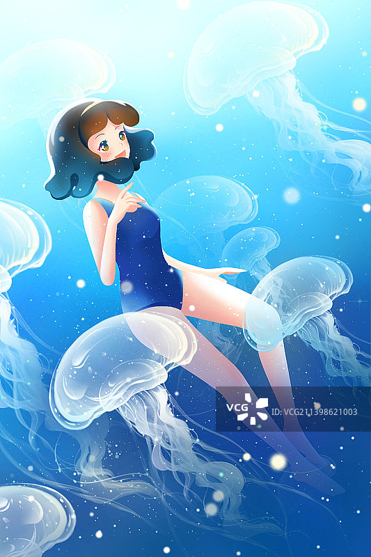 蓝色唯美清新夏季水母群中的少女插画图片素材