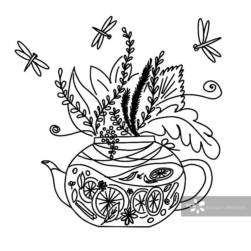 玻璃茶壶加凉茶和蜻蜓图片素材