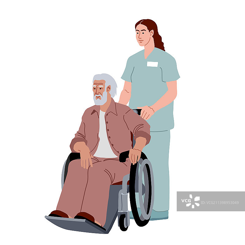 一位护士正推着一位坐轮椅的老人图片素材