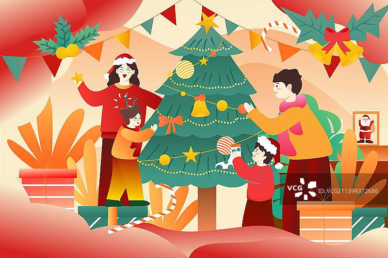 圣诞节家庭情侣朋友装扮圣诞树礼物友谊热闹快乐节日扁平矢量插画图片素材