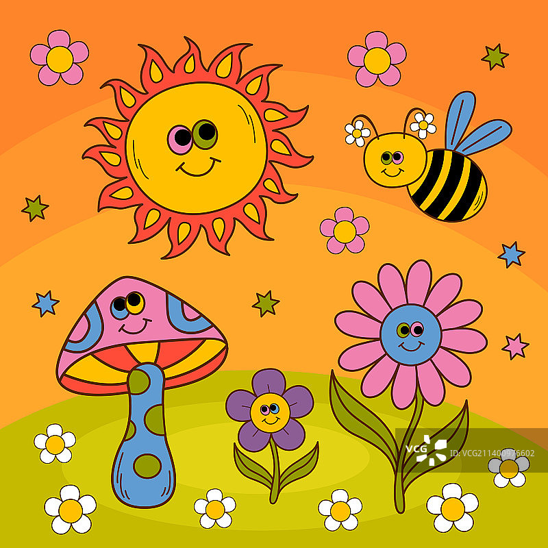 可爱的海报与微笑的太阳花蜜蜂图片素材