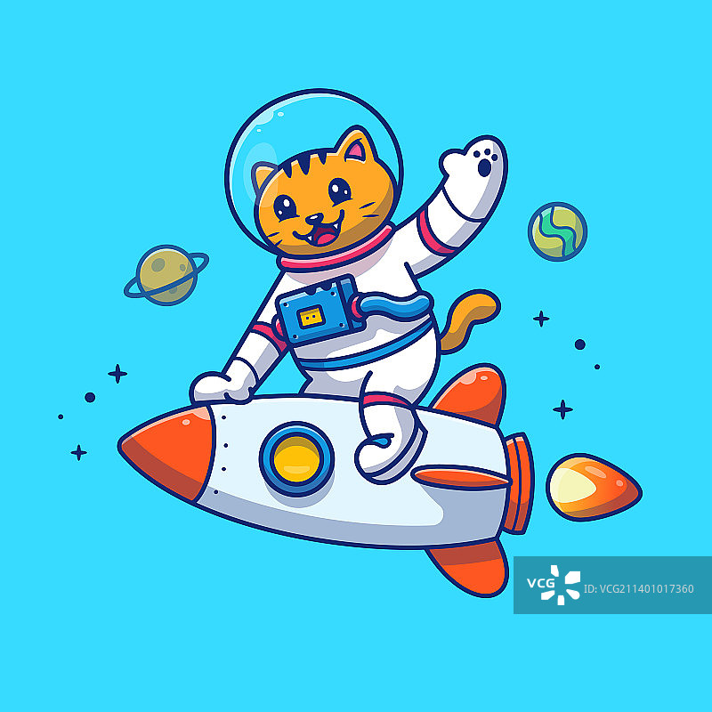 可爱的猫宇航员骑火箭卡通图片素材