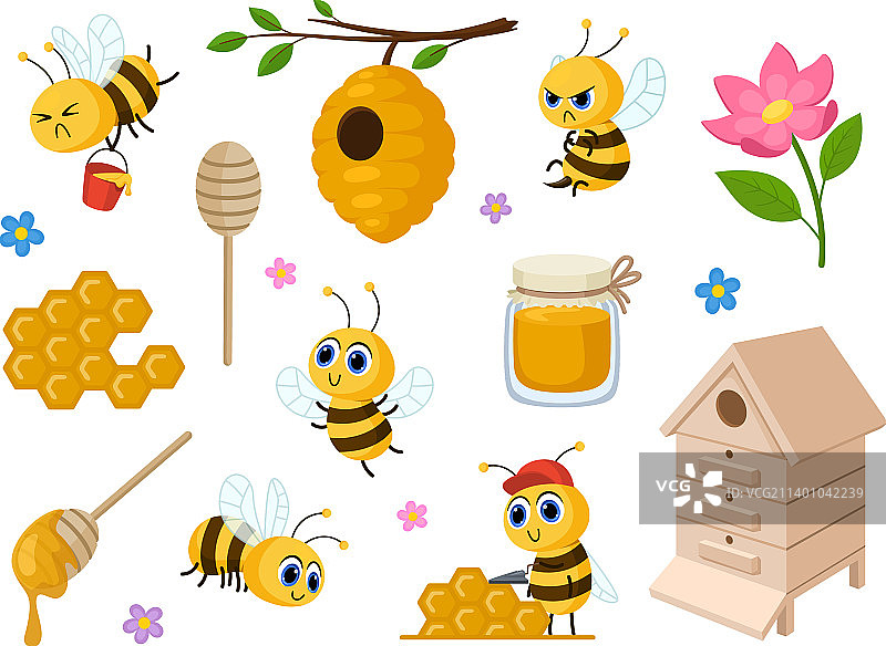 卡通人物蜜蜂和蜂蜜孤立的甜蜜图片素材