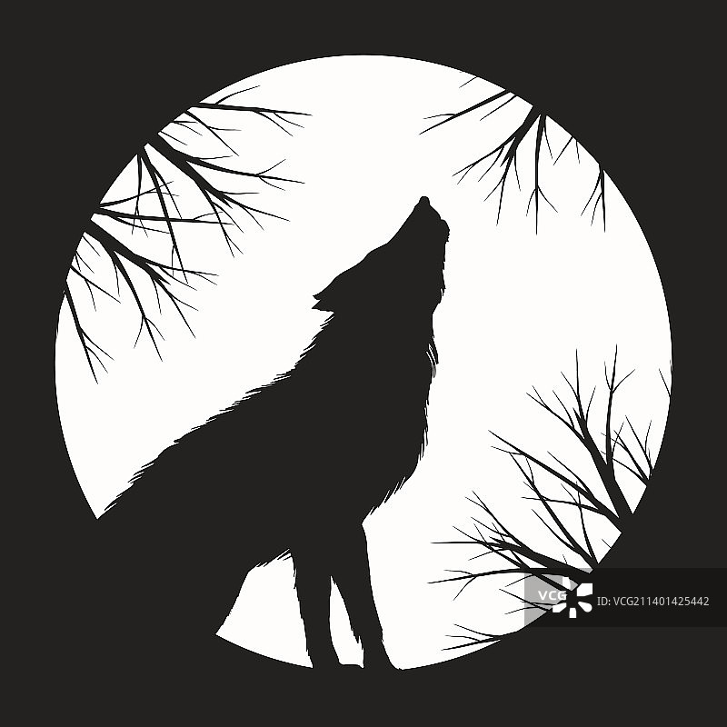 狼对着月亮上动物的剪影嚎叫图片素材