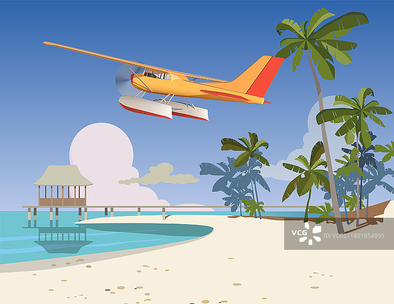 一架两栖飞机飞过岛上的一家酒店图片素材