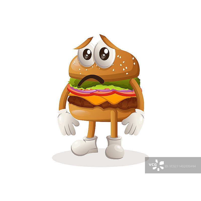 可爱的汉堡吉祥物设计与悲伤的表情图片素材