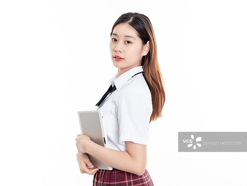 白底中一名漂亮的中国女大学生手拿平板电脑图片素材