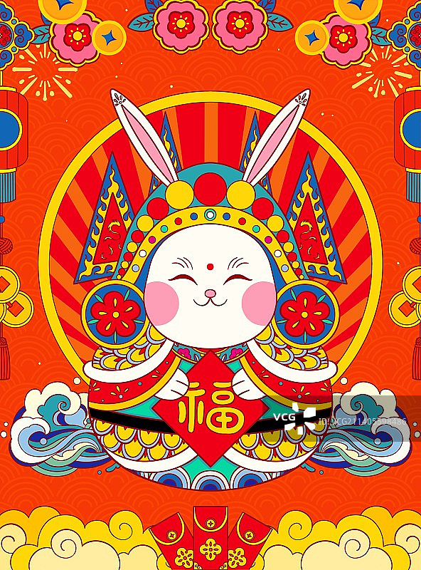 手绘国风红色兔年春节兔儿爷插画图片素材