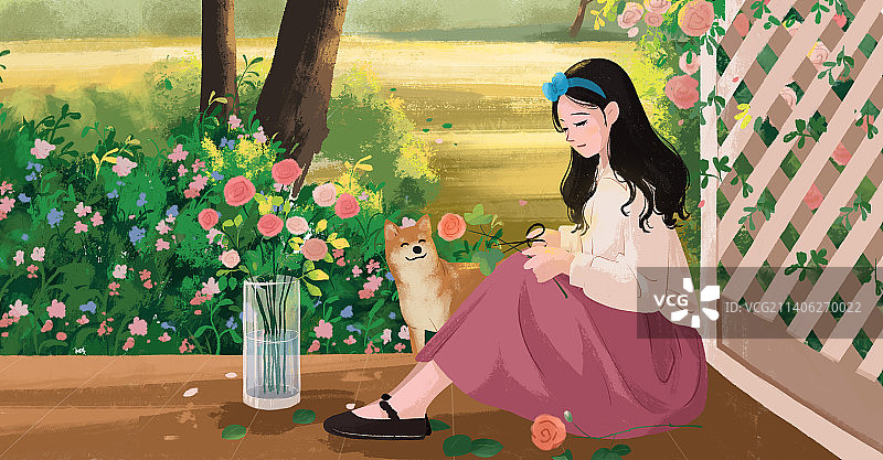治愈系插画一个女孩坐在开满花朵的房前插画图片素材