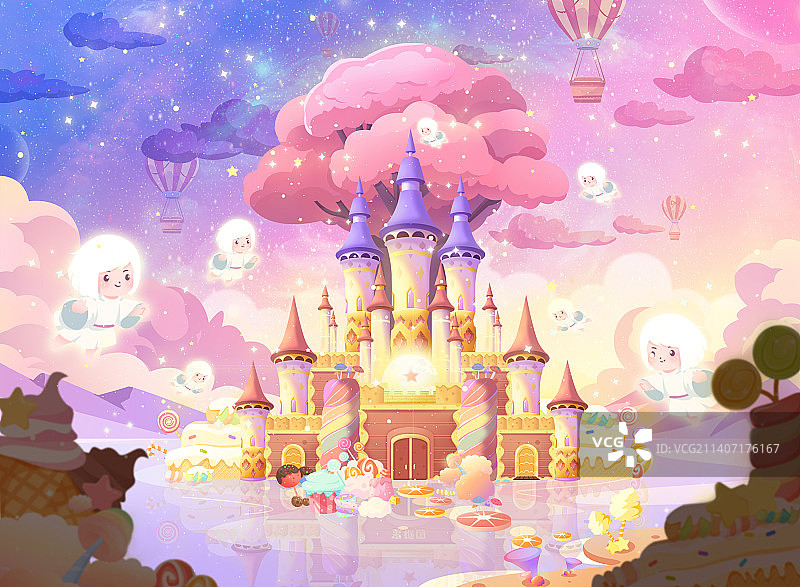 儿童乐园童话世界糖果城堡点心精灵蛋糕热气球梦幻场景插画图片素材