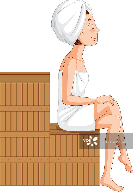 蒸桑拿时坐在木凳上的女人图片素材