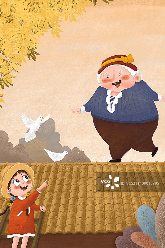 屋顶赏秋喂鸽子的老人和小女孩插画图片素材