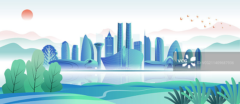 中国海南省自贸区新国潮清新城市彩色插画图片素材