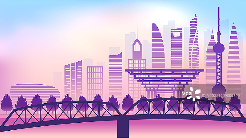 中国上海城市景观扁平矢量插画紫色图片素材