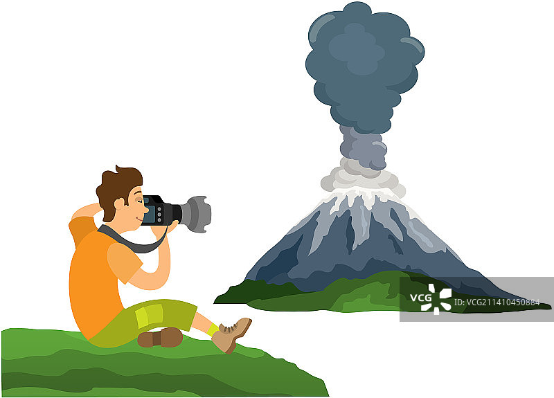 拿着相机的人在火山地貌上拍照图片素材