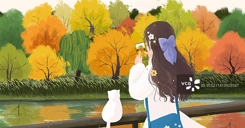 治愈系插画深秋时节一个女孩拍照的背影图片素材