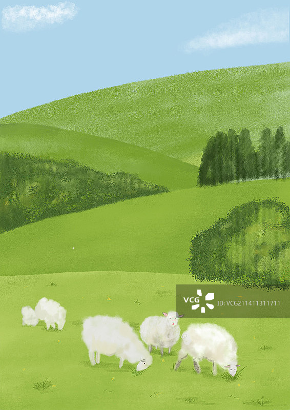 春天草地羊，绿意盎然图片素材