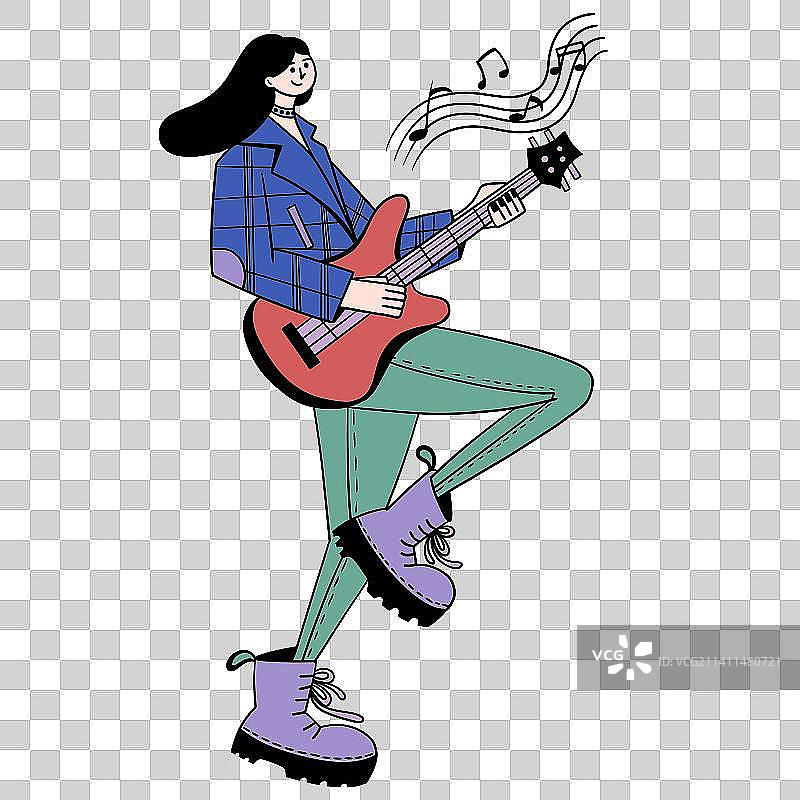 弹吉他的女孩卡通扁平元素插画图片素材