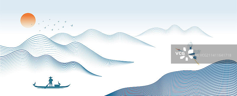 新中式创意国潮线描山水矢量画图片素材