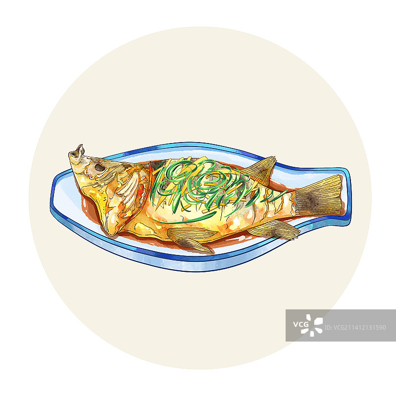 手绘水彩传统美食清蒸鱼插画图片素材