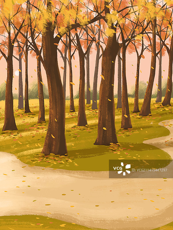 扁平插画深秋时节满是落叶的公园树林图片素材