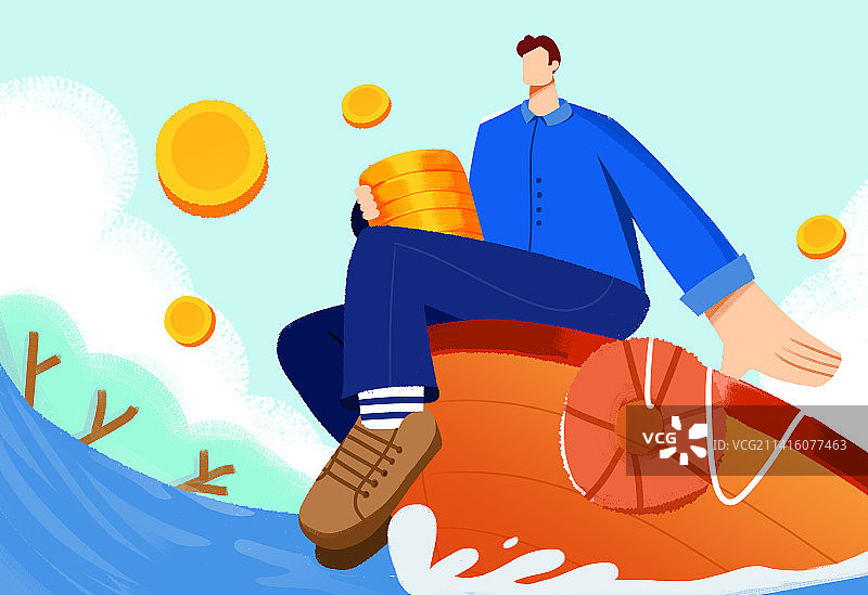 卡通手绘男子坐船拿金币插画图片素材