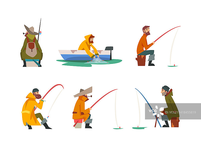 渔夫角色让人们穿着雨衣钓鱼图片素材