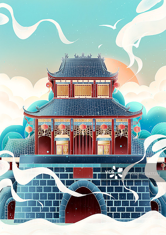 中式中国风家建筑亭台楼阁牌坊国潮插画图片素材