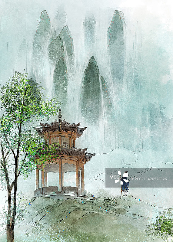 温州百丈漈瀑布插画图片素材