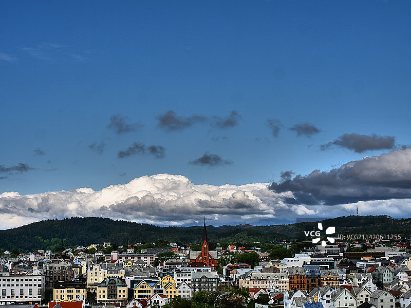 高角度拍摄的城市景观对天空，豪格松，挪威图片素材