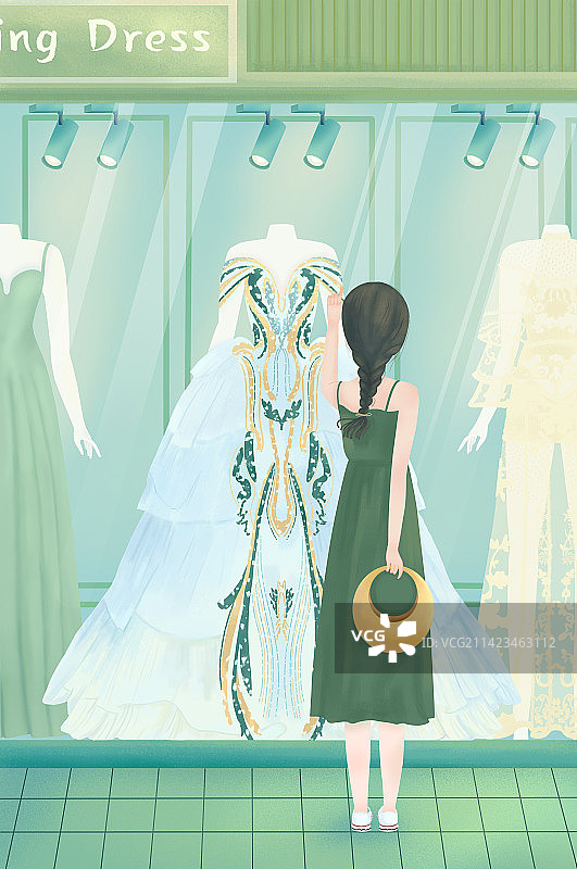 一个女生站在婚纱店面前看婚纱图片素材
