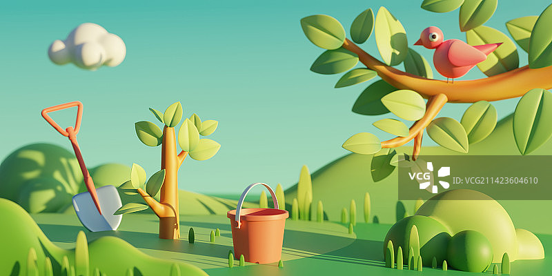 3D植树节水桶铁锹树木小鸟草地蓝天白云图片素材