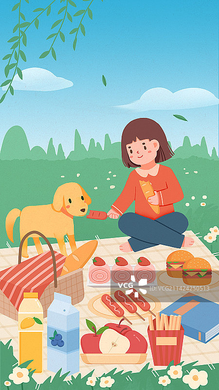清明节女孩与狗狗踏青野餐吃面包烤肠鸡腿薯条汉堡包图片素材