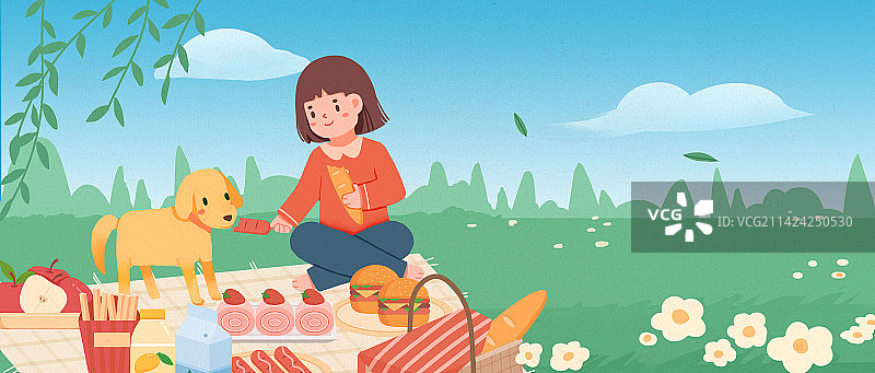 清明节女孩与狗狗踏青野餐吃面包烤肠鸡腿薯条汉堡包图片素材