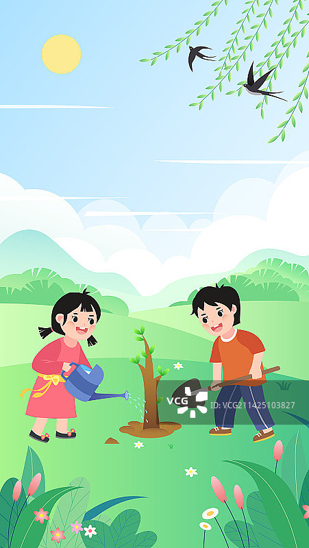 男孩女孩在种树浇水植树节矢量插画图片素材