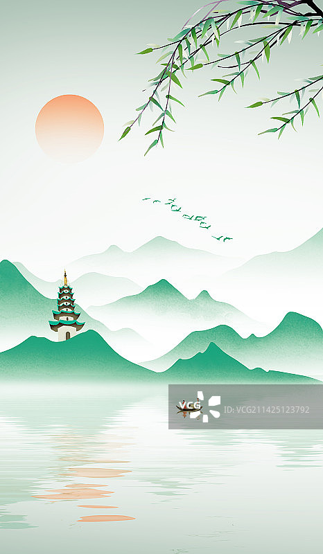 中国风竖版蓝色水墨山水风景画图片素材