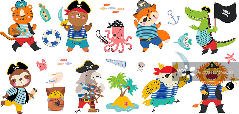 海盗卡通人物快乐动物在海盗图片素材