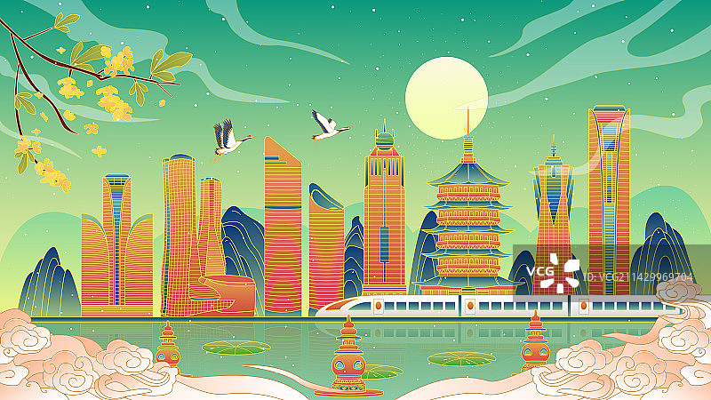 杭州国潮风城市建筑矢量插画图片素材