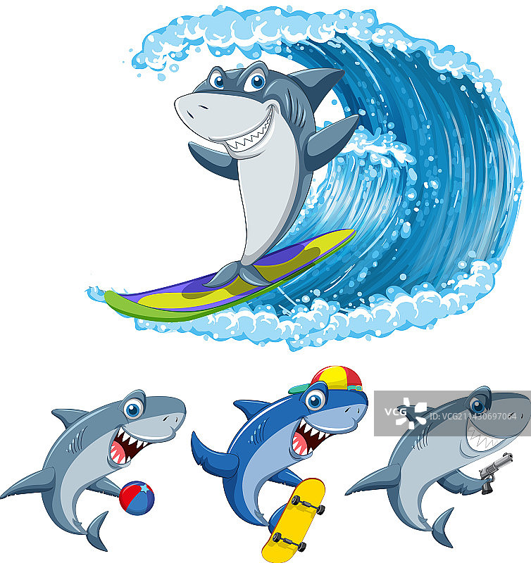 鲨鱼做不同的活动卡通图片素材