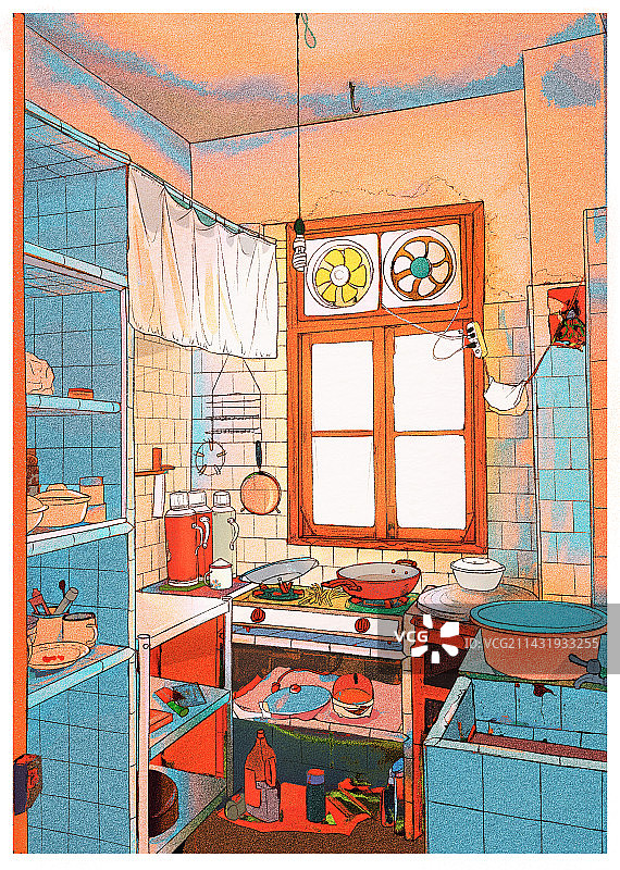 老房子厨房场景手绘插画图片素材