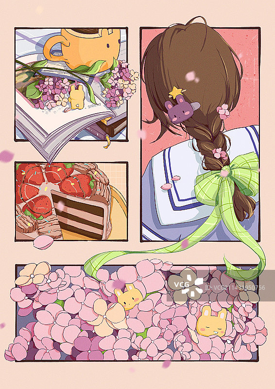 夏日粉色系美食花卉分镜插画图片素材