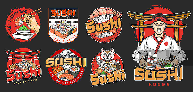 寿司食品设置彩色标识图片素材