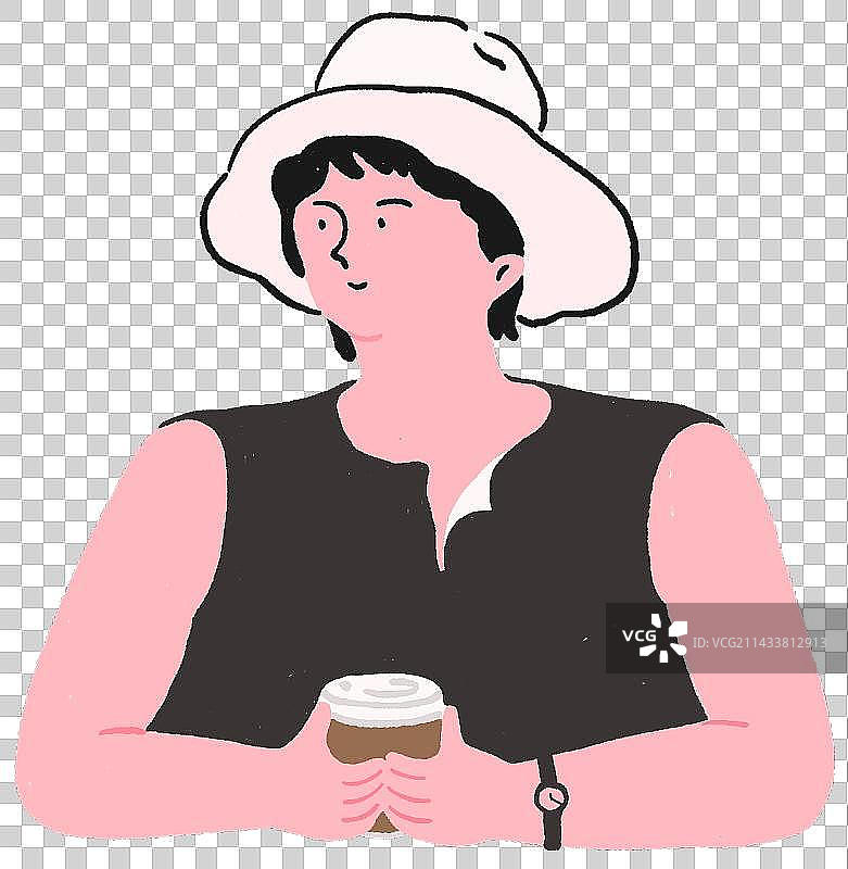 戴渔夫帽喝咖啡的女性图片素材