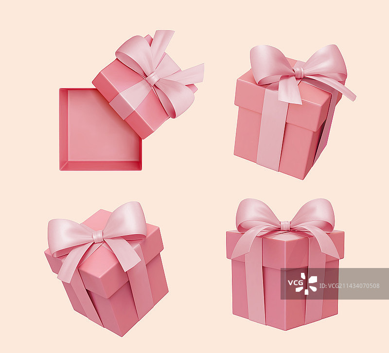 正方形粉红礼物盒搭配缎带包装素材组合图片素材
